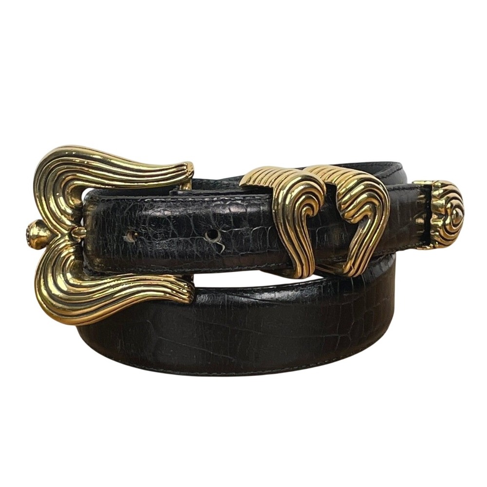 VTG Vicenza Croc Embossed Black Italian Calfskin Belt Gold Tone Ornate Buckle
